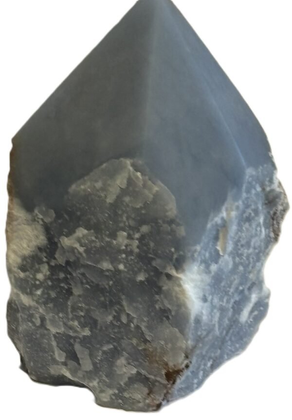Natural rough angelite freeform with polished point 4 sians emporium Natural rough angelite freeform crystal with unpolished sides and a smooth polished blue point standing on a white background